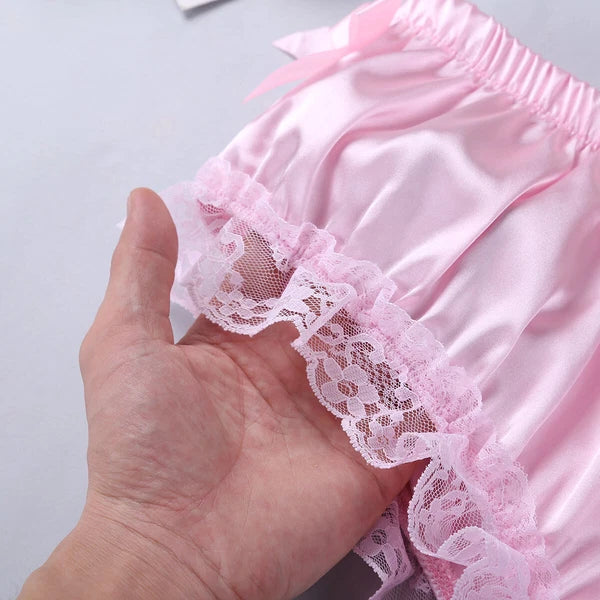 Men Ruffled Lingerie Set Cami Straps Bandeau Bra Thong 2Pcs Crossdresser Pajamas
