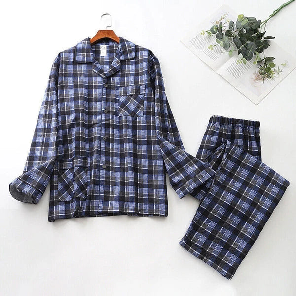 Men Cotton Pajamas Set Long Sleeve Button Soft Pants Sleepwear High Quality