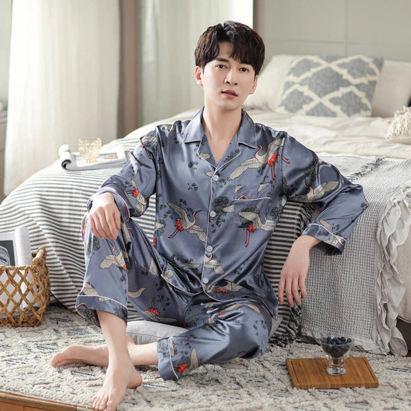 Men's Long Sleeve Satin Pajamas Set Luxury Button Down Pajama Pants Home Clothe
