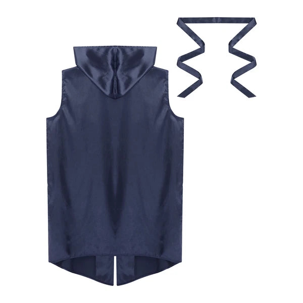 Men's Satiny Pajama Robe Set Sleeveless Silk Hooded Bathrobe with Belt Sleepwear