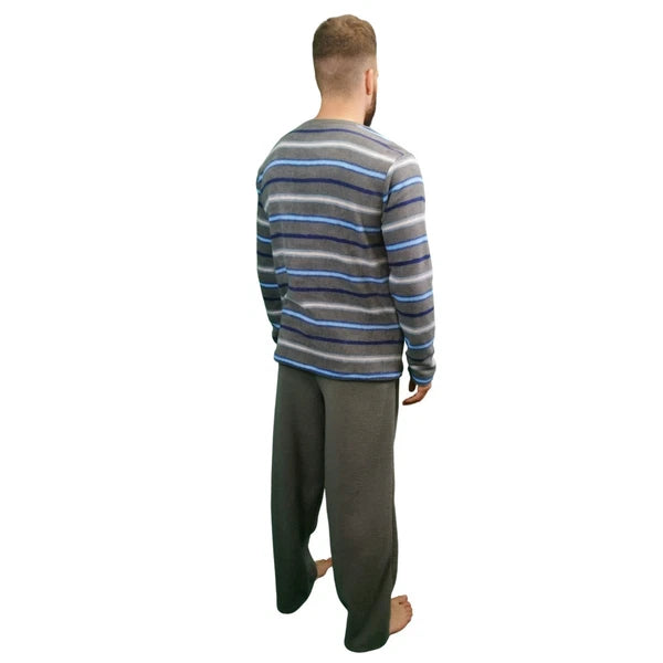 Mens Fleece Warm Soft Pyjamas Striped PJ Set Nightwear Nightsuit Pyjama S-4XL