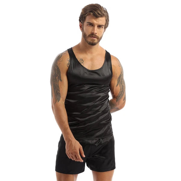 Men's Silk Satin Pajamas Set Vest Top and Boxer Shorts Sleepwear Home Loungewear