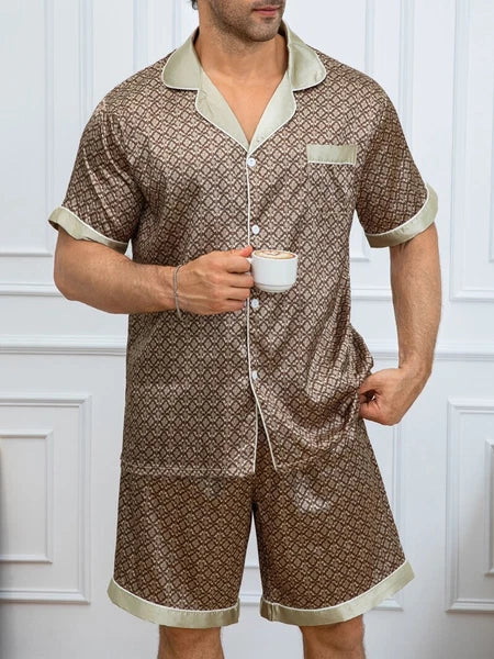 Mens Silk Satin Pyjamas Pj Set Top and Shorts Sleepwear Nightwear Casual Pijamas