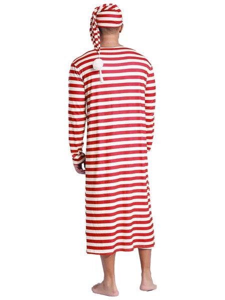 Men's Pajamas Set Long Sleeve Striped Robe Round Neck Loose Sleepwear with Hat