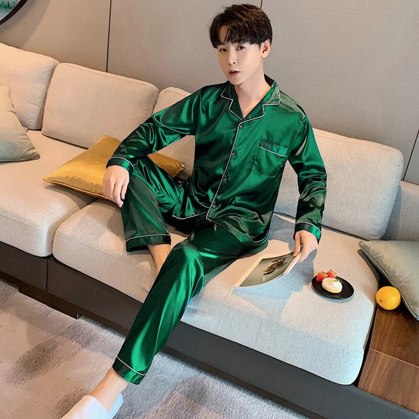 Mens Silk Satin Pajamas Set Sleepwear Pyjamas Long Sleeve PJ Set Top and Bottom