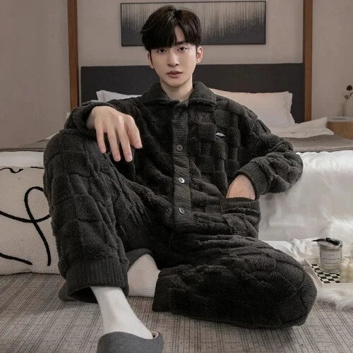 2Pcs/set Men's Pajamas Autumn Winter Padded Long-sleeved Trousers Coral Fleece