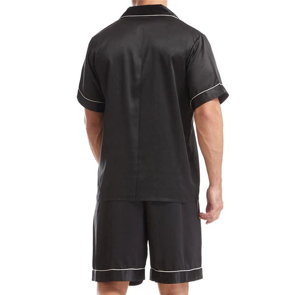 Men Satin Pajamas Set Shorts + Shirt Sleepwear Lounge Nightwear Buttons Outfit