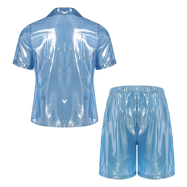 Men Shiny Glossy See-Through Metallic Chiffon Jumpsuit Bodysuit /Pajama Set