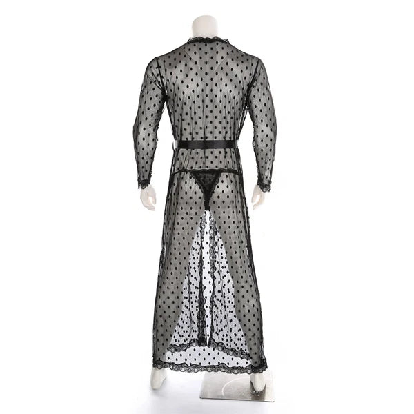 Men Bathrobe Lace Gown Kimono Long Sleeves Robe Pajamas See-through Thong Set