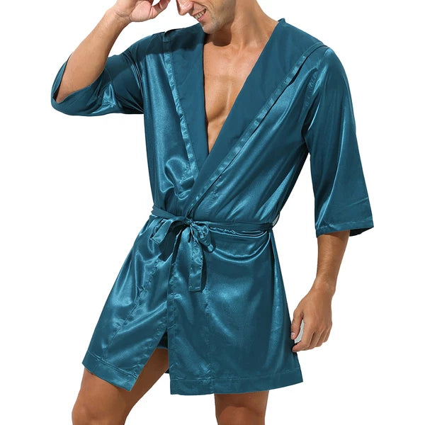 Men's Hooded Robe Set Silk Satin Night Gown Bathrobe Pajama Hot Pants Underwear