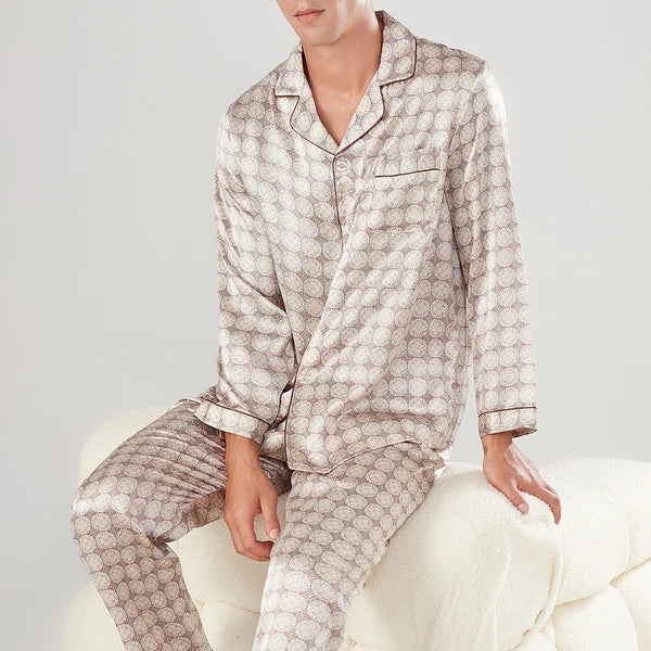 Men's 19MM 100% Pure Mulberry Silk Pajamas Set Long Sleeves Silk Sleepwear S~3XL