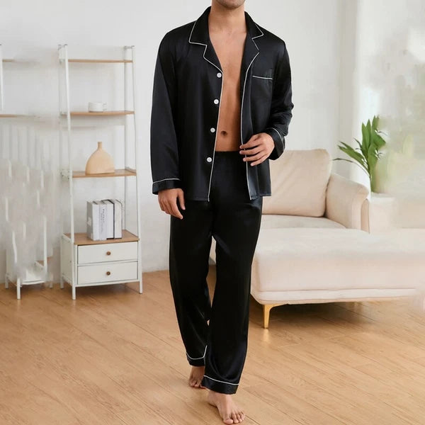 Mens Silk Satin Pyjamas Set Nightwear Pyjama Top & Bottoms Loungewear Sleepwear