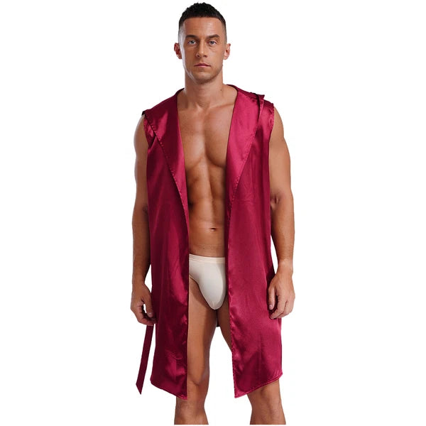 Men's Satiny Pajama Robe Set Sleeveless Silk Hooded Bathrobe with Belt Sleepwear