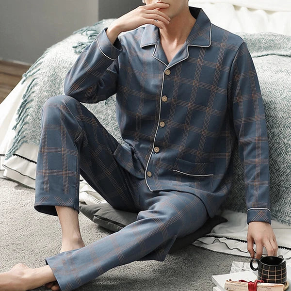 Mens Check Pyjama Long Sleeve Top Trouser Cotton Nightwear Lounge Wear Pyjamas