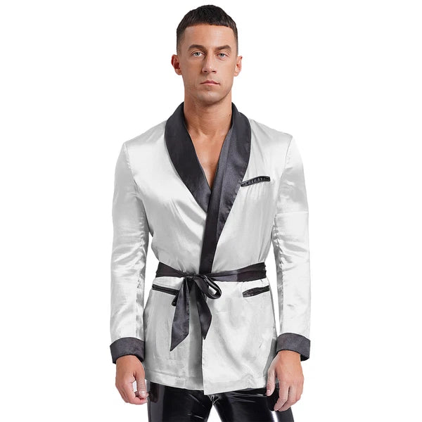 Men's Silk Satin Pajamas Set Short Sleeves Top and Bottom Boxer Shorts Shirt Set