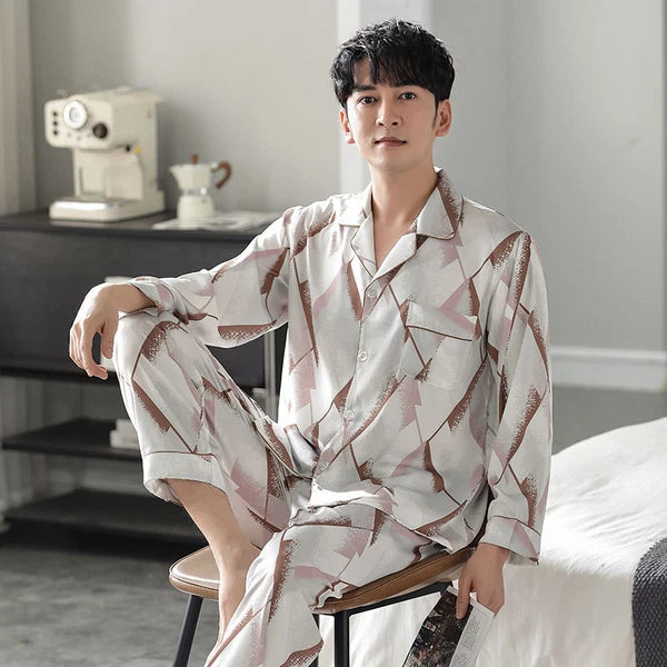 Men's Long Sleeve Satin Pajamas Set Luxury Button Down Pajama Pants Home Clothe