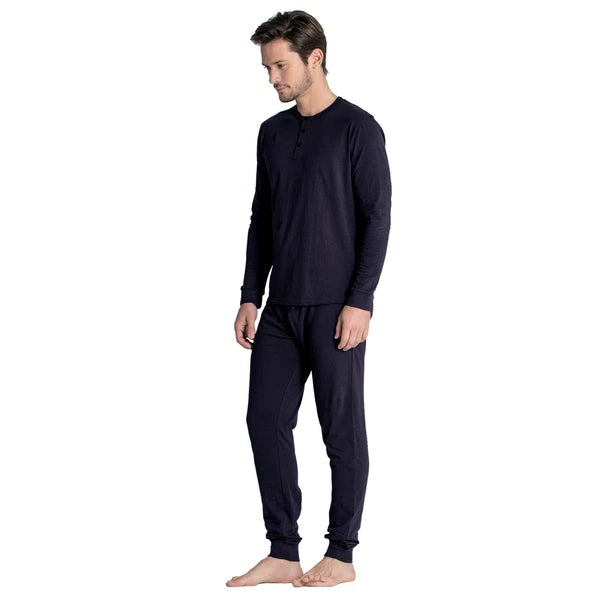Mens Henley Tops Pyjamas Sets PJ's Nightwear Loungewear Button Up Long Sleeve