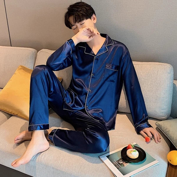 Mens Silk Satin Pajamas Pj Set Top and Bottom Sleepwear Nightwear Casual pijamas