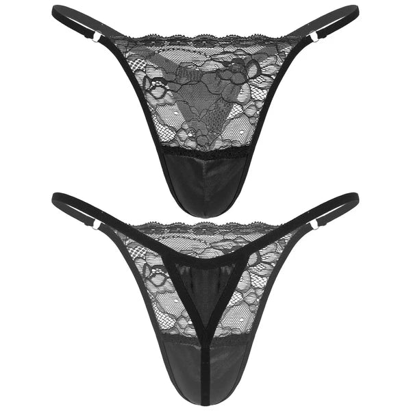Men Ruffled Lingerie Set Cami Straps Bandeau Bra Thong 2Pcs Crossdresser Pajamas