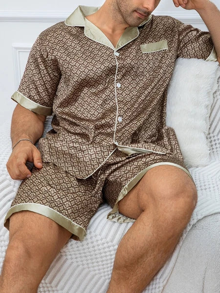 Mens Silk Satin Pyjamas Pj Set Top and Shorts Sleepwear Nightwear Casual Pijamas