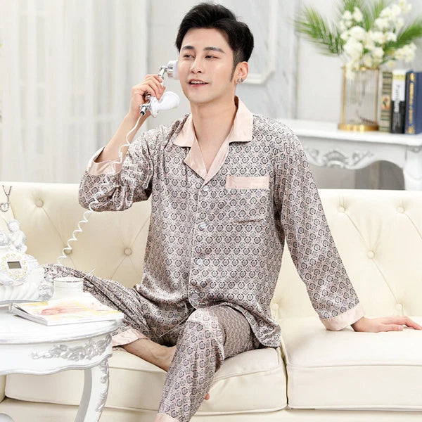 Mens Silk Satin Pajamas Sleepwear Pyjamas PJS Long Sleeve Nightwear Set Homewear
