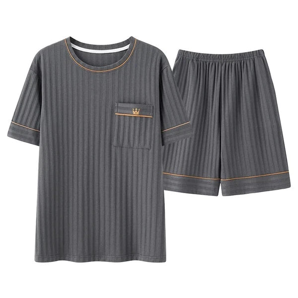 Men Pajamas Set Summer O-neck Vest Shorts Knitted Faux Cotton Pijamas Leisure US