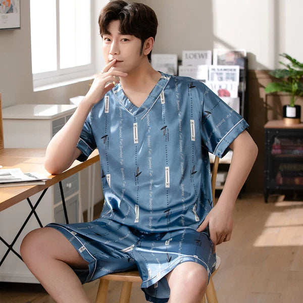 Short Sleeve Sleepwear Pjs Loungewear Pyjamas Charm Men's Silk Satin Pajamas Set