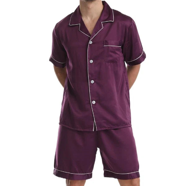 Men Satin Pajamas Set Shorts + Shirt Sleepwear Lounge Nightwear Buttons Outfit