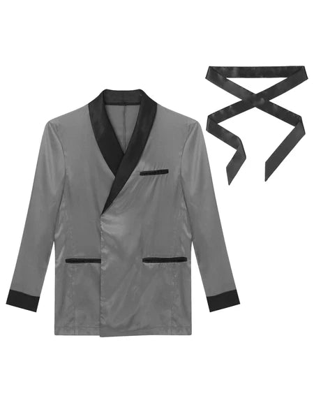 Men's Silk Satin Pajamas Set Short Sleeves Top and Bottom Boxer Shorts Shirt Set