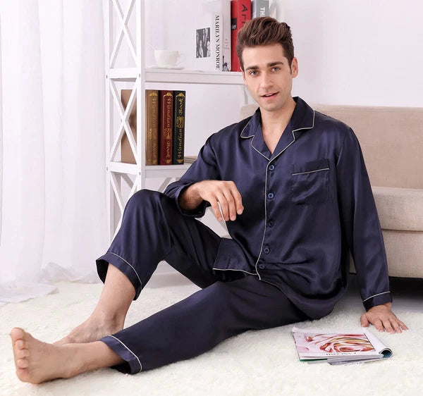 New Men's Silk Pajamas Set 2 Pieces/lot 100% Mulberry Silk Sleepwear Nightwear