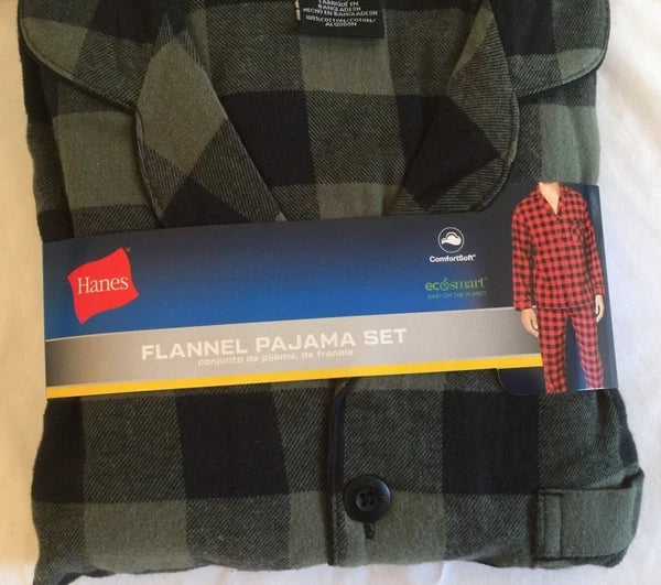 NWT Men's Hanes Flannel RED / BLACK Gray Plaid L/S Pant Set Pajamas PJs Cotton