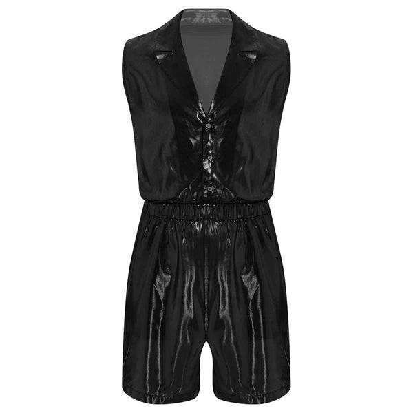 Men Shiny Glossy See-Through Metallic Chiffon Jumpsuit Bodysuit /Pajama Set