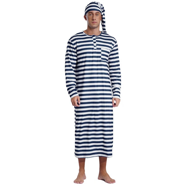 Men's Pajamas Set Long Sleeve Striped Robe Round Neck Loose Sleepwear with Hat