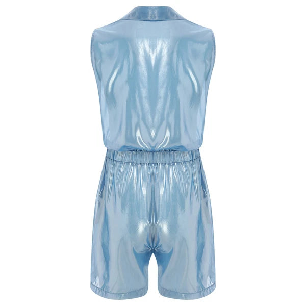 Men Shiny Glossy See-Through Metallic Chiffon Jumpsuit Bodysuit /Pajama Set
