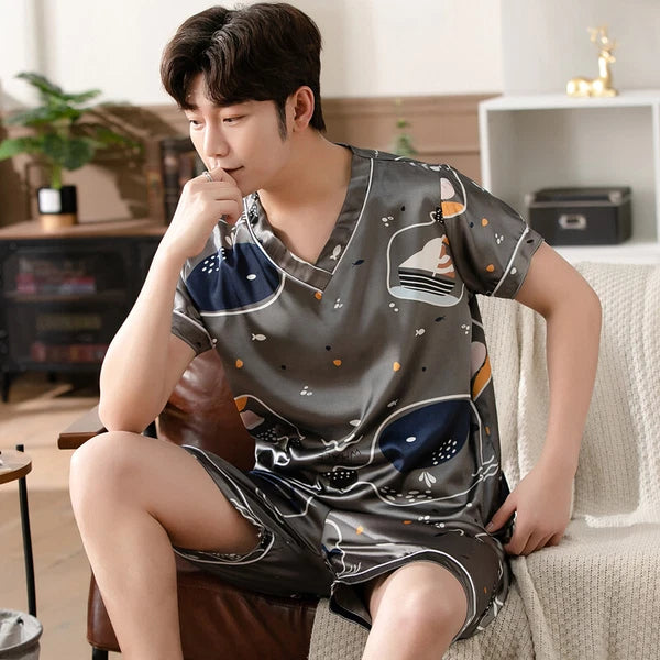 Short Sleeve Sleepwear Pjs Loungewear Pyjamas Charm Men's Silk Satin Pajamas Set