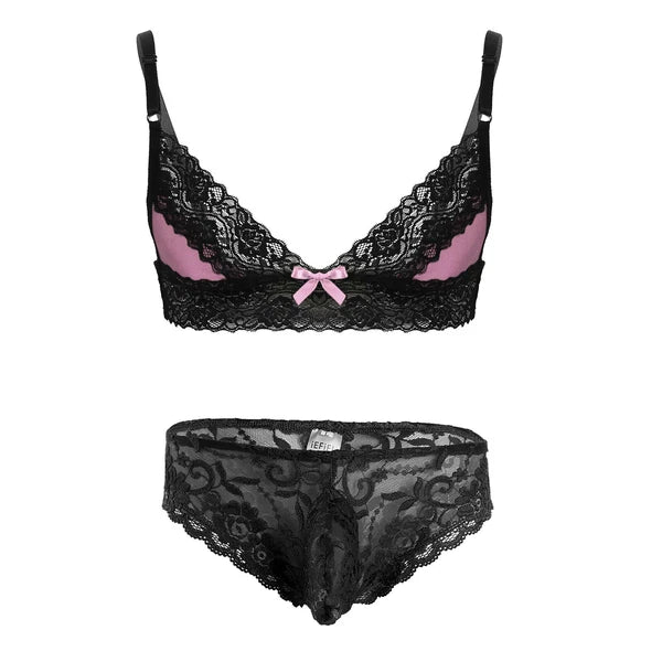 Men Ruffled Lingerie Set Cami Straps Bandeau Bra Thong 2Pcs Crossdresser Pajamas