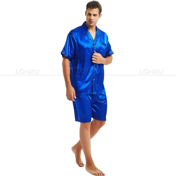 Mens Silk Satin Pajamas Set Short Sleeve+Short Pants Set Sleepwear Loungewear