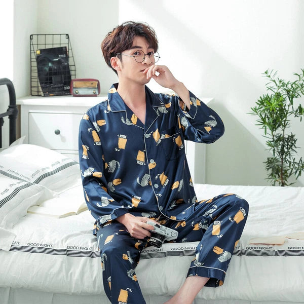 Men's Long Sleeve Satin Pajamas Set Luxury Button Down Pajama Pants Home Clothe
