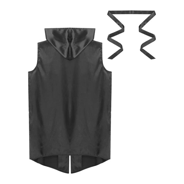 Men's Satiny Pajama Robe Set Sleeveless Silk Hooded Bathrobe with Belt Sleepwear