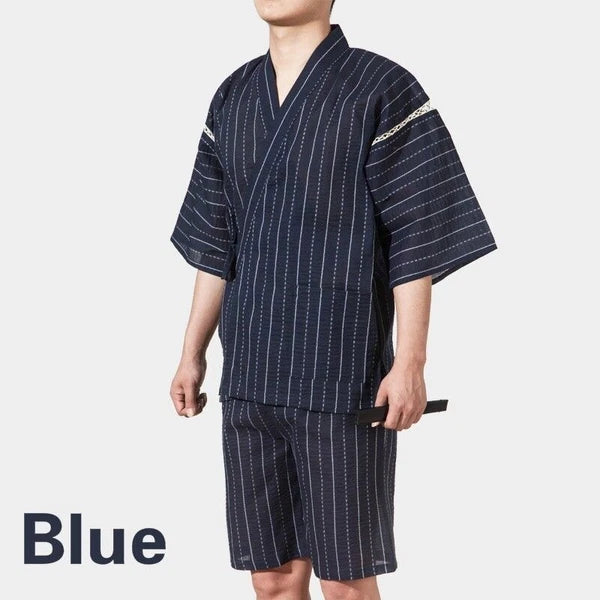 Men Japanese Kimono Pyjama Sets Yukata Jinbei Traditional Stripe Soft Nightwear