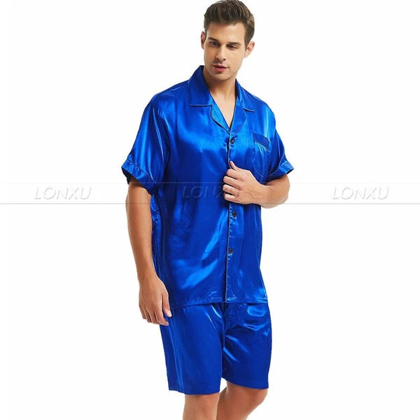 Mens Silk Satin Pajamas Set Short Sleeve+Short Pants Set Sleepwear Loungewear