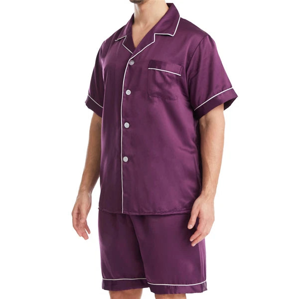 Men Satin Pajamas Set Shorts + Shirt Sleepwear Lounge Nightwear Buttons Outfit