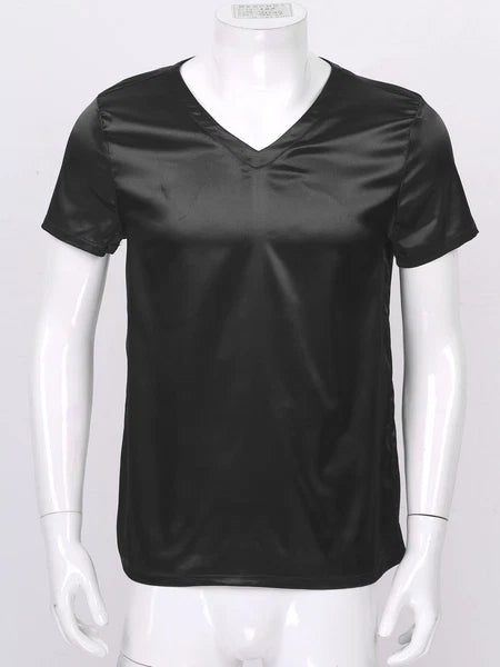Mens Muscle Shirts Pajama Set Sexy Satin Sleepwear Tank Top Shorts Nightwear