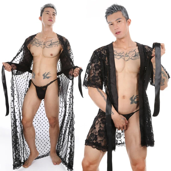 Mens See Through Lace Robe Bathrobe Nightwear Underwear Gown Pajamas Lingerie