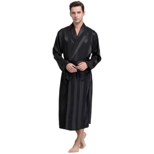 LONXU Men's Pajamas Long Sleeve Silk Satin Robe Luxury Drawstring Nightwear Sets