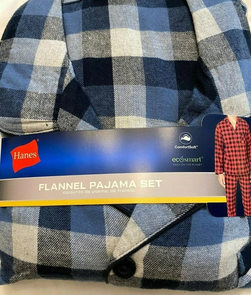 NWT Men's Hanes Flannel RED / BLACK Gray Plaid L/S Pant Set Pajamas PJs Cotton
