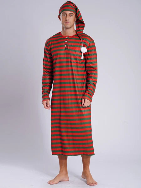 Men's Pajamas Set Long Sleeve Striped Robe Round Neck Loose Sleepwear with Hat