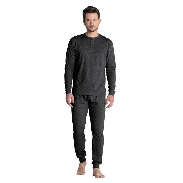 Mens Henley Pyjamas Sets PJ's Nightwear Loungewear Button Up Long Sleeve Tops