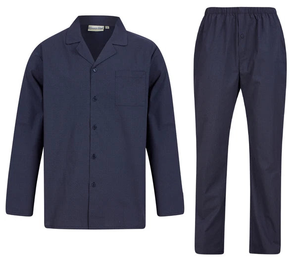 Walker Reid Mens Navy Geometric Leaf Pyjamas Traditional Long Sleeve Button PJs