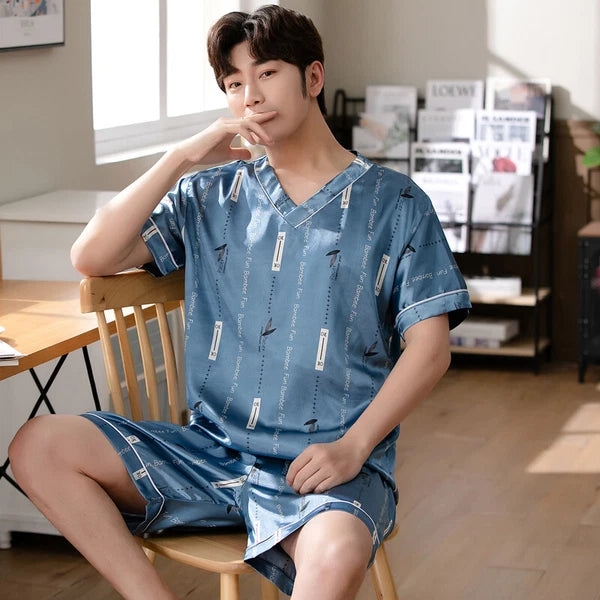 Short Sleeve Sleepwear Pjs Loungewear Pyjamas Charm Men's Silk Satin Pajamas Set